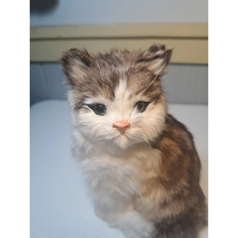 Real Fur Kitty Cat Calico Realistic‎ Vtg Tri-Color Sitting 7.5